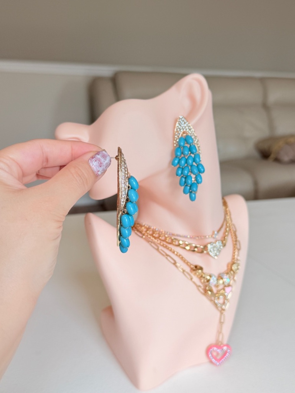 Gold-Tone Turquoise Cluster Drop Earrings - Picture 7 of 13
